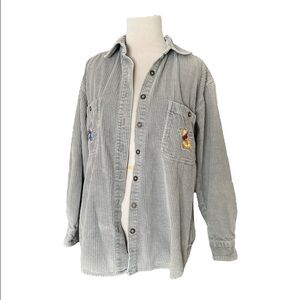 Disney Gray Corduroy Button-Down Shirt with Embroidered Characters
